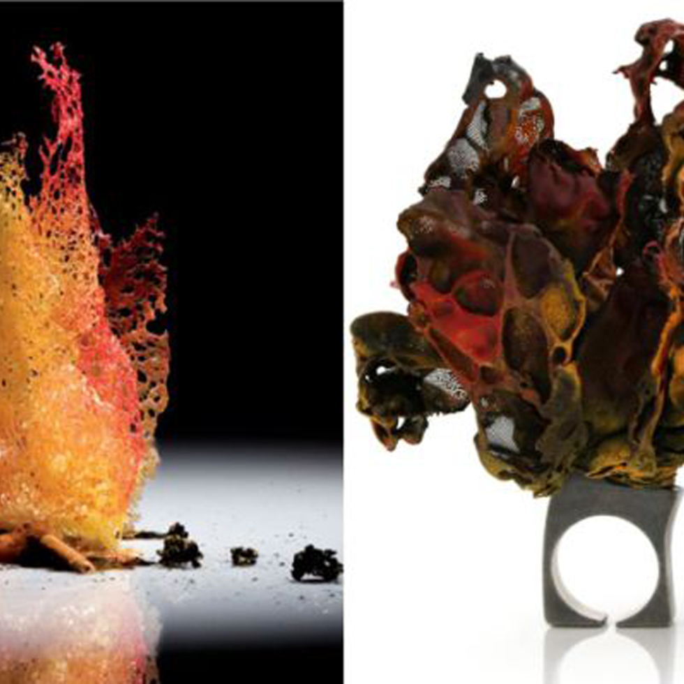 Fire – Ferran Adrià (ph. F.Guillamet - Food Art, Hampp Verlag GmbH, 2010) Ring Party – Rita Marcangelo, argento, seta bruciata, acrilici / silver, burnt silk, acrylic